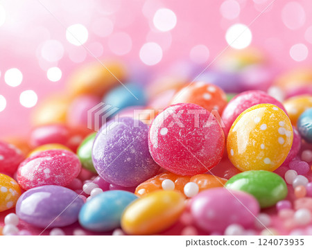Colorful lollipops and different colored round candy. candy colorful background. AI Generated. 124073935