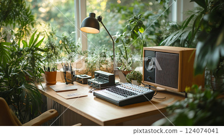 Items for recording podcast in cozy home studio. AI Generated. 124074041