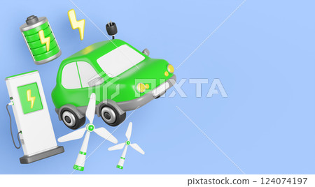 3d renewable green energy industry banner. Sustainable development concept with windmill turbines, electric car, ev charging station and battery. Environment protection, conservation. 3D illustration 124074197