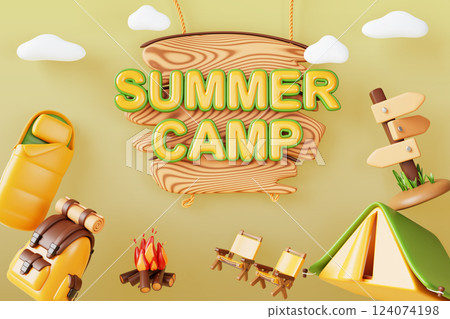 3d summer camp cartoon poster with text on wood sign board. Invitation for camping adventure on nature with bonfire, tent, sleeping bag, backpack, chairs, clouds on green background. 3D illustration 124074198