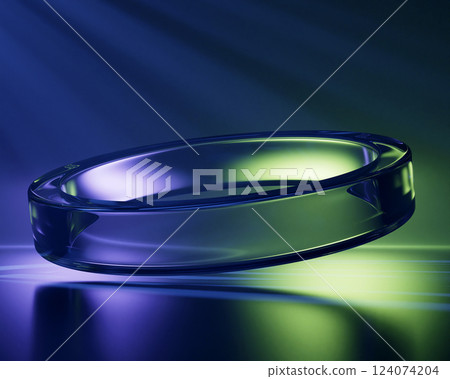 Abstract 3d dark blue background with glass transparent circle and green spotlight beam on water surface. Crystal render ring with gradient texture, digital graphic design tech banner. 3D illustration 124074204