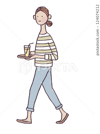 一位女士拿著飲料的插圖 一位女士拿著飲料的插圖 124074212