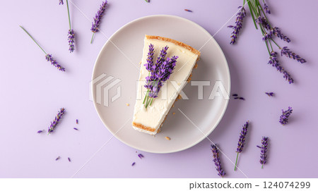 A Slice of Cream Colored Cheesecake with Lavender 124074299