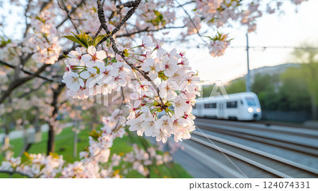Warm Evening Light on Cherry Blossoms and a Train 124074331