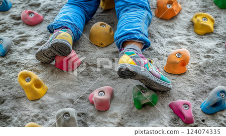 Child climbing on a colorful indoor rock wall during a recreational activity in a youth center 124074335