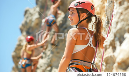 Young climber smiles while her group tackles a challenging rock face in the mountains 124074368