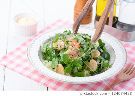 Stylish watercress and mushroom salad Stylish watercress and mushroom salad 124074458