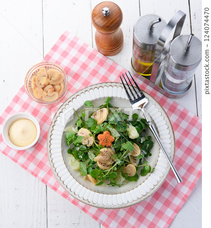 Stylish watercress and mushroom salad Stylish watercress and mushroom salad 124074470