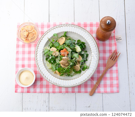 Stylish watercress and mushroom salad Stylish watercress and mushroom salad 124074472