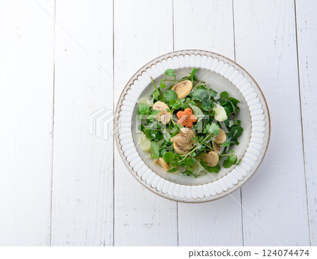 Stylish watercress and mushroom salad Stylish watercress and mushroom salad 124074474