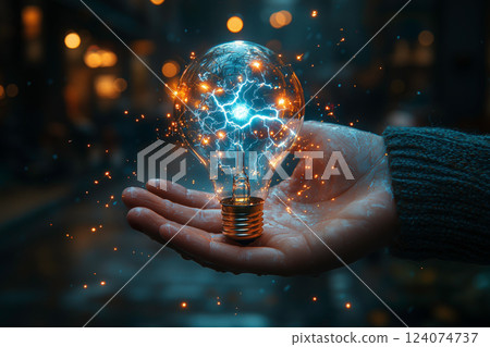A light bulb charged with lightning energy in the palm of a hand 124074737