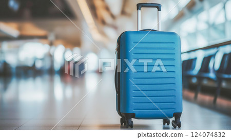 Blue suitcase waiting at the airport terminal during early morning travel rush 124074832