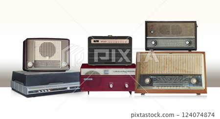 antique and old six rectangular loudspeakers stack on white floor, gradient brown and white background, technology, object, fashion, modern, decoration, copy space 124074874