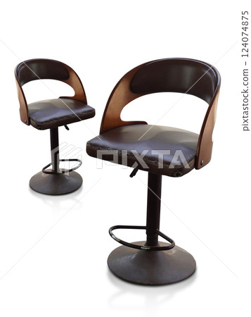 antique and old two stools with backrest, old metal legs, brown color leather seat on white background, object, comfortable, decor, copy space 124074875