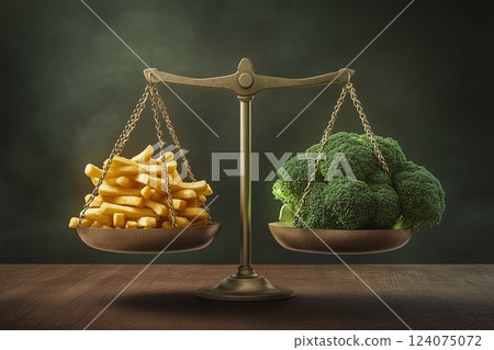 Balance Scale with Broccoli and French Fries Representing Healthy and Indulgent Choices 124075072