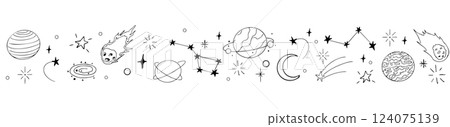 Celestial doodle border, falling star blink divider. Hand drawn ornament with stars, planets, meteorite and moon. Space magic simple decor. 124075139