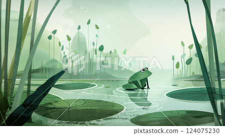 Cute Toad on Lily Pad in a Soft Pastel Watercolor Scene 124075230