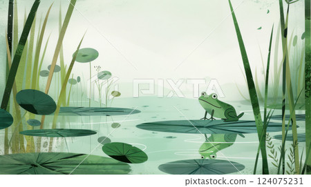 Frog Sitting on Floating Leaves in Tranquil Water 124075231