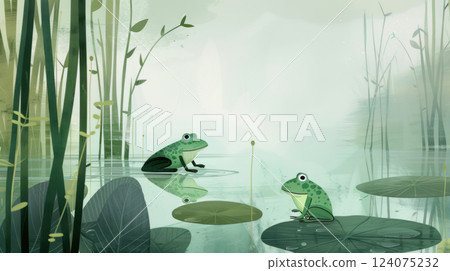 Two Friendly Frogs in a Lush Green Pond Two Friendly Frogs in a Lush Green Pond 124075232
