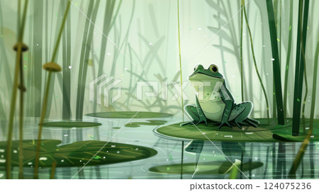 Bright-Eyed Frog Relaxing in Misty Wetland 124075236