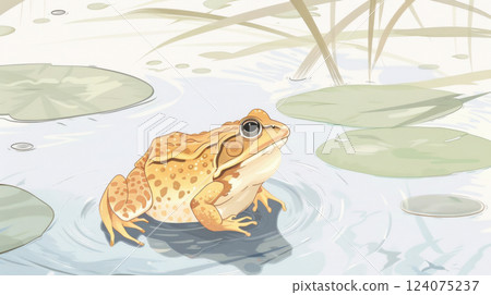 Golden Hued Toad in Tranquil Water Garden Setting 124075237