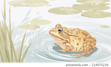 Golden Toad Wading in Sunny Lily Pond 124075238