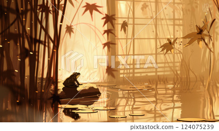 Frog in Warm Bamboo Pond at Magical Sunset 124075239