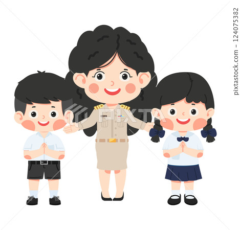 Cartoon Illustration of Teacher with Two Students 124075382
