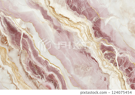 Pink Marble Background with Golden Lines and Smooth Curves in Light Maroon and Beige Tones 124075454