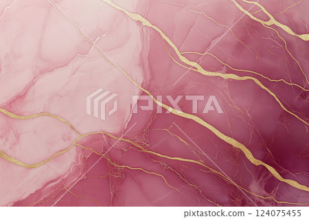 Pink Marble Background with Golden Lines and Soft Curves in Light Maroon and Beige Tones 124075455