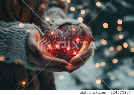 Red Heart Sparkling in Hands on Light Background Red Heart Sparkling in Hands on Light Background 124075505
