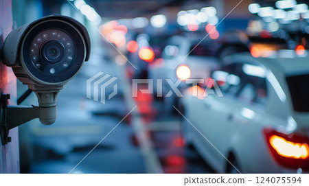 Security camera monitoring traffic in an underground parking lot. Blurred cars with glowing taillights 124075594