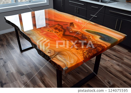 Unique epoxy resin wood table with a glossy finish in a modern kitchen. Natural wood grain and vibrant resin 124075595