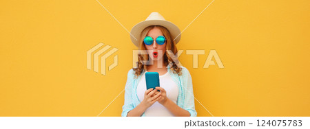 Summer vacation, surprised traveler woman with phone, shocked tourist girl looking at smartphone Summer vacation, surprised traveler woman with phone, shocked tourist girl looking at smartphone 124075783