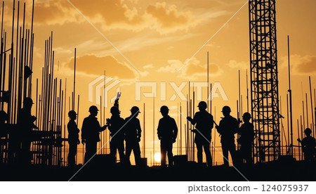 Silhouette of Construction Workers on Scaffolding at Sunset | Industrial Engineering Concept. 124075937