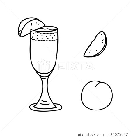 Bellini cocktail and Peach whole fruit and slice. Summer alcoholic Drink with Prosecco and Peach nectar. Hand drawn Black and White Vector illustration in Doodle style isolated on background. For 124075957