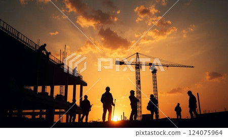 Silhouette of Construction Workers on Scaffolding at Sunset | Industrial Engineering Concept. 124075964