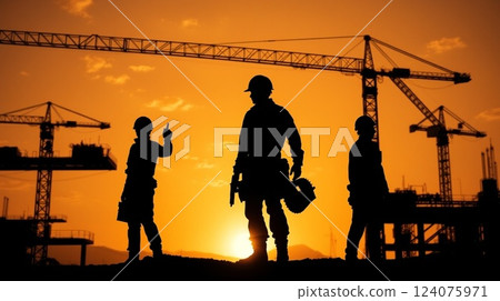 Silhouette of Construction Workers on Scaffolding at Sunset | Industrial Engineering Concept. 124075971