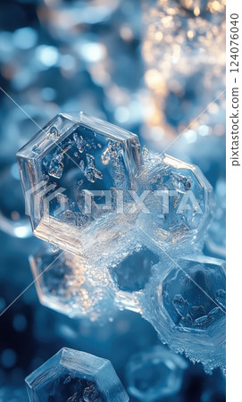 Crystal formations in blue light reveal intricate patterns and textures of ice captured up close during winter 124076040