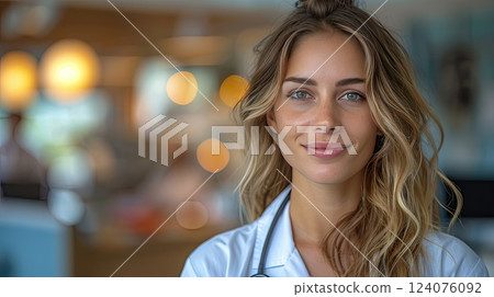 Confident healthcare professional with long hair smiles warmly in modern clinic setting during the day Confident healthcare professional with long hair smiles warmly in modern clinic setting during the day 124076092