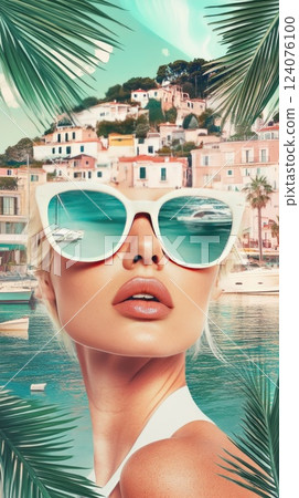 Model gazes into the distance near a colorful coastal village with yachts in the background under bright sunlight Model gazes into the distance near a colorful coastal village with yachts in the background under bright sunlight 124076100