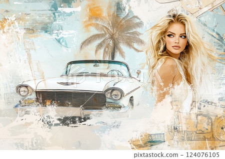 Vintage car by palm trees with a stylish woman enjoying a sunny day at the beach Vintage car by palm trees with a stylish woman enjoying a sunny day at the beach 124076105