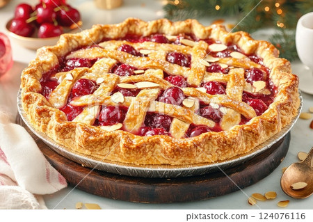 Delicious cherry pie with a golden lattice crust displayed on a wooden board during a festive setting 124076116