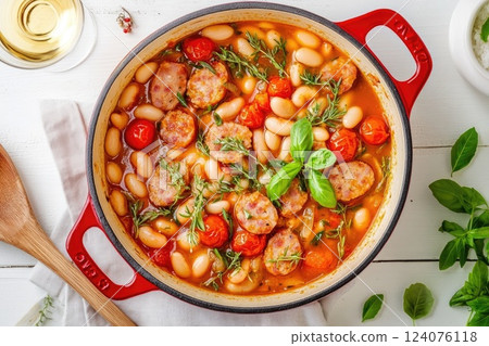 Delicious sausage and white bean stew prepared in a red pot with fresh herbs and tomatoes 124076118
