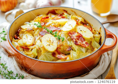 Savory cabbage and apple dish with bacon cooked in a rustic pot during autumn 124076119