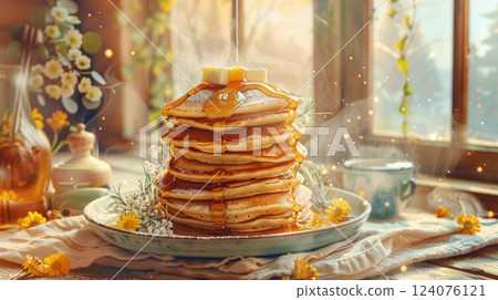 Delicious stack of fluffy pancakes topped with butter and syrup in a warm, cozy kitchen setting with floral decor Delicious stack of fluffy pancakes topped with butter and syrup in a warm, cozy kitchen setting with floral decor 124076121