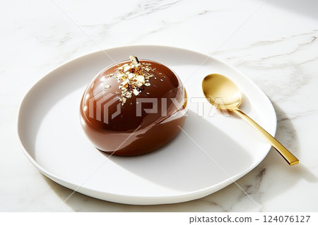 Chocolate dessert artfully crafted on a white plate with a golden spoon beside it 124076127