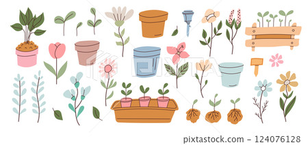 Colorful arrangement of gardening elements featuring flowers, plants, and pots in a simple and charming design 124076128