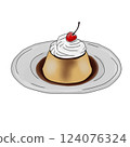 Illustration of a pudding topped with whipped cream on a plate 124076324