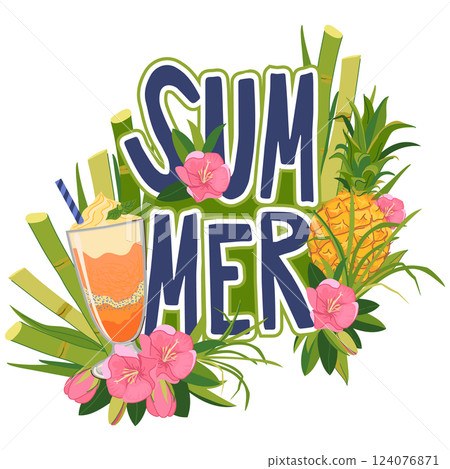 Vector sticker with bottle of rum, pineapple and flowers. Tropical vacation emblem. Illustration for beach bar menu. Cruise vacation, summer holidays, party, cafe. 124076871